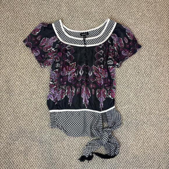 Stunning vintage y2k silky floral paisley purple and navy babydoll top - Picture 1 of 6